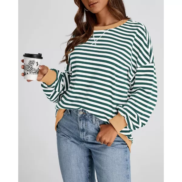 imageBTFBM Womens Striped Pullover Tops 2024 Fall Clothes Long Sleeve Shirts Trendy Soft Crew Neck Loose Y2K SweatshirtsGreen White