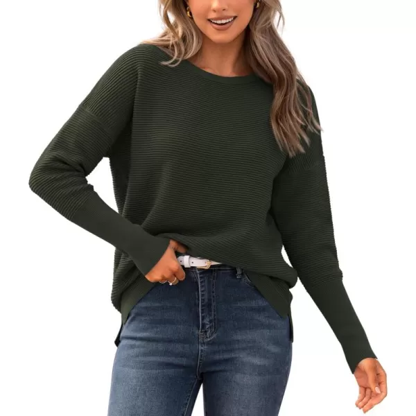 imageBTFBM Casual Women 2024 Fall Sweater Long Sleeve Ribbed Knit Pullover Loose Crewneck Batwing Split SweaterSolid Army Green