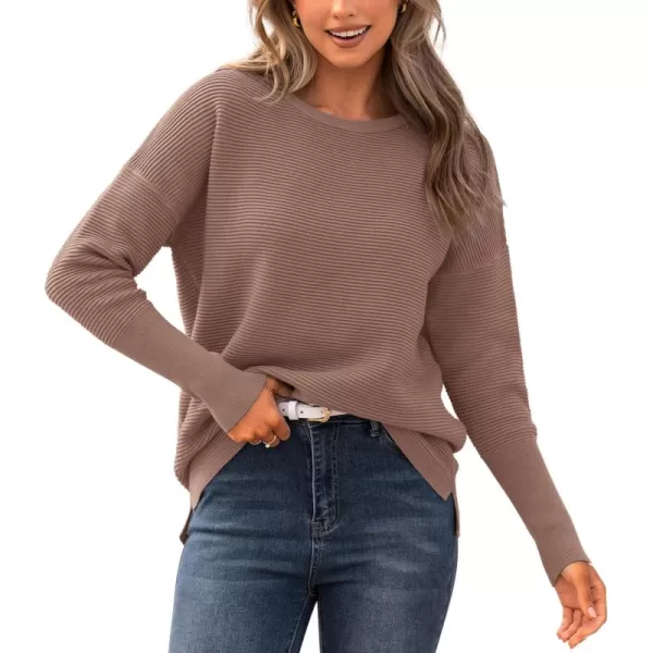 imageBTFBM Casual Women 2024 Fall Sweater Long Sleeve Ribbed Knit Pullover Loose Crewneck Batwing Split SweaterSolid Camel
