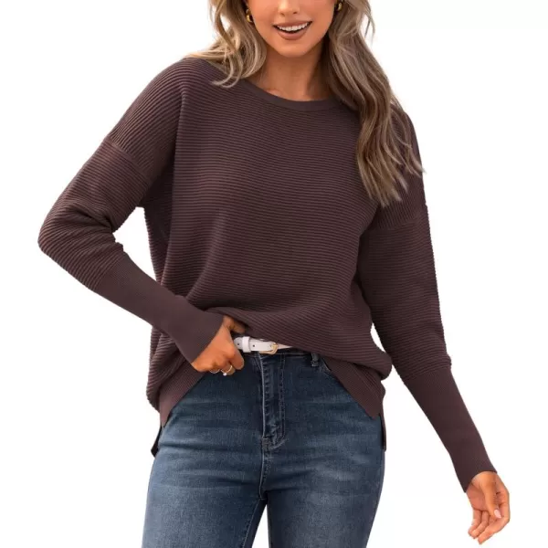 imageBTFBM Casual Women 2024 Fall Sweater Long Sleeve Ribbed Knit Pullover Loose Crewneck Batwing Split SweaterSolid Coffee