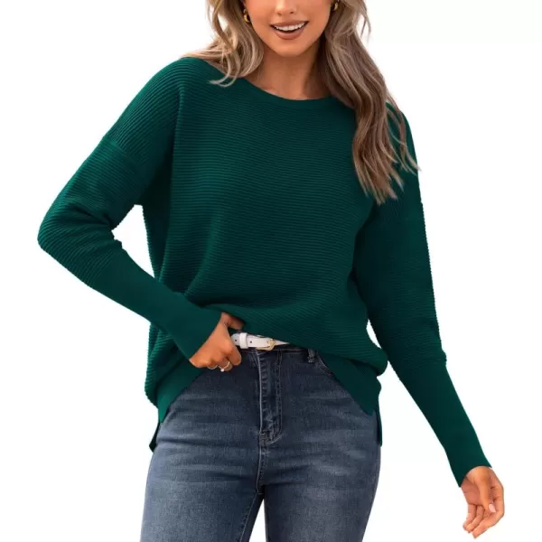 imageBTFBM Casual Women 2024 Fall Sweater Long Sleeve Ribbed Knit Pullover Loose Crewneck Batwing Split SweaterSolid Dark Green
