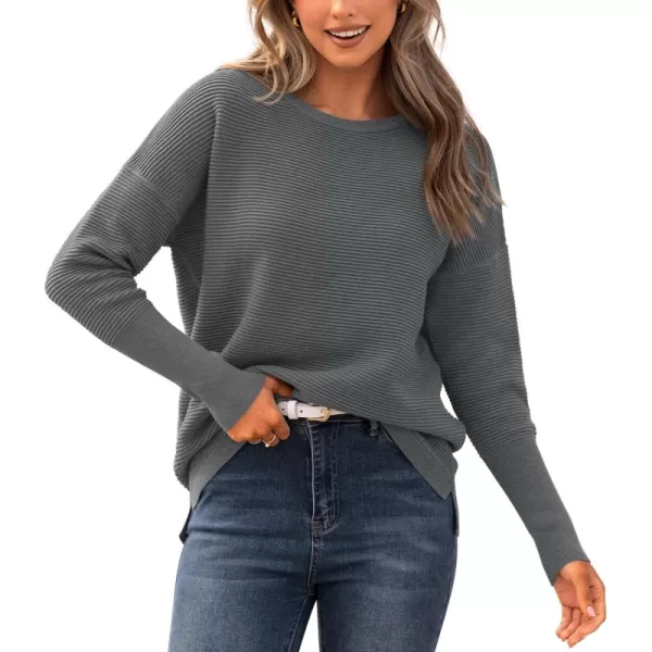 imageBTFBM Casual Women 2024 Fall Sweater Long Sleeve Ribbed Knit Pullover Loose Crewneck Batwing Split SweaterSolid Dark Grey