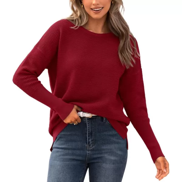 imageBTFBM Casual Women 2024 Fall Sweater Long Sleeve Ribbed Knit Pullover Loose Crewneck Batwing Split SweaterSolid Dark Red