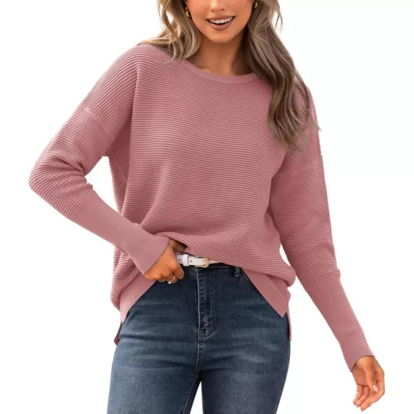imageBTFBM Casual Women 2024 Fall Sweater Long Sleeve Ribbed Knit Pullover Loose Crewneck Batwing Split SweaterSolid Dusty Pink