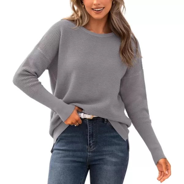 imageBTFBM Casual Women 2024 Fall Sweater Long Sleeve Ribbed Knit Pullover Loose Crewneck Batwing Split SweaterSolid Grey