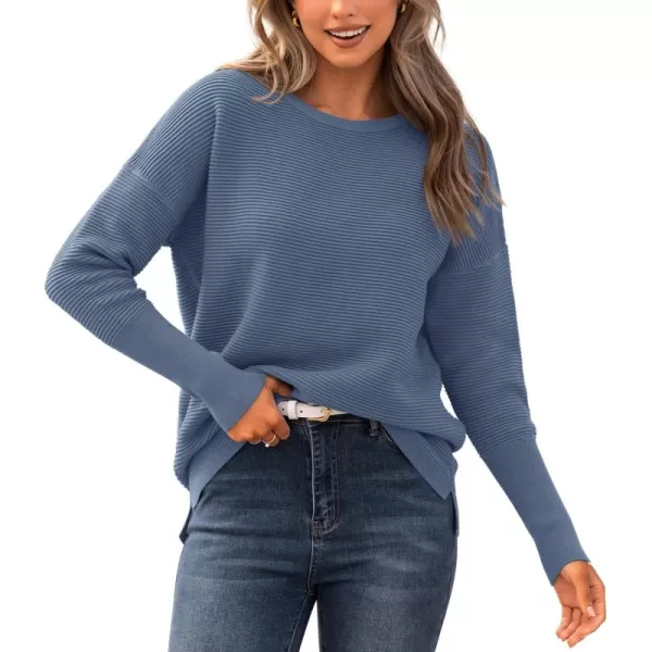 imageBTFBM Casual Women 2024 Fall Sweater Long Sleeve Ribbed Knit Pullover Loose Crewneck Batwing Split SweaterSolid Grey Blue