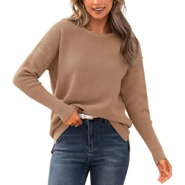 imageBTFBM Casual Women 2024 Fall Sweater Long Sleeve Ribbed Knit Pullover Loose Crewneck Batwing Split SweaterSolid Khaki