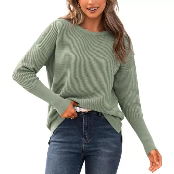 imageBTFBM Casual Women 2024 Fall Sweater Long Sleeve Ribbed Knit Pullover Loose Crewneck Batwing Split SweaterSolid Light Green