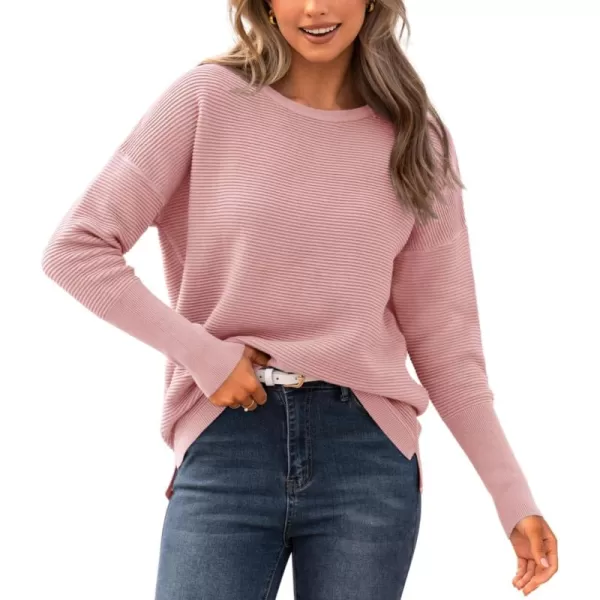 imageBTFBM Casual Women 2024 Fall Sweater Long Sleeve Ribbed Knit Pullover Loose Crewneck Batwing Split SweaterSolid Light Pink