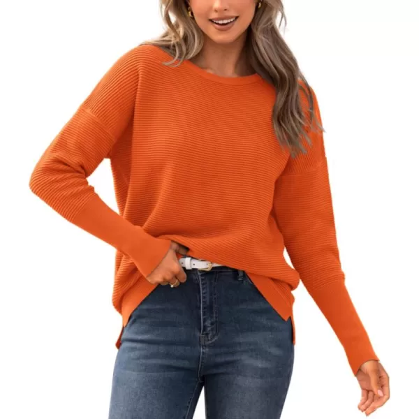 imageBTFBM Casual Women 2024 Fall Sweater Long Sleeve Ribbed Knit Pullover Loose Crewneck Batwing Split SweaterSolid Orange