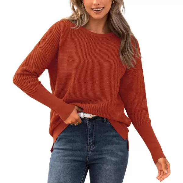 imageBTFBM Casual Women 2024 Fall Sweater Long Sleeve Ribbed Knit Pullover Loose Crewneck Batwing Split SweaterSolid Orange Red