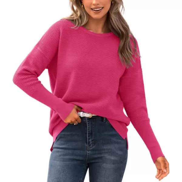 imageBTFBM Casual Women 2024 Fall Sweater Long Sleeve Ribbed Knit Pullover Loose Crewneck Batwing Split SweaterSolid Rose Red