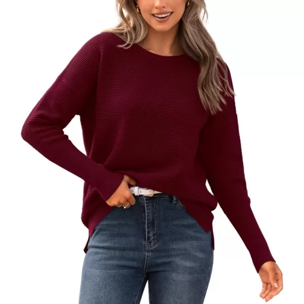 imageBTFBM Casual Women 2024 Fall Sweater Long Sleeve Ribbed Knit Pullover Loose Crewneck Batwing Split SweaterSolid Wine Red