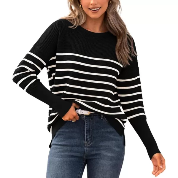 imageBTFBM Casual Women 2024 Fall Sweater Long Sleeve Ribbed Knit Pullover Loose Crewneck Batwing Split SweaterStriped Black White