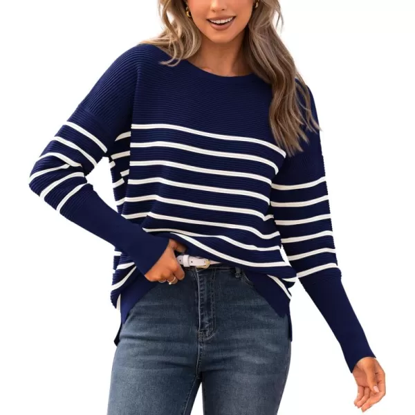 imageBTFBM Casual Women 2024 Fall Sweater Long Sleeve Ribbed Knit Pullover Loose Crewneck Batwing Split SweaterStriped Navy White