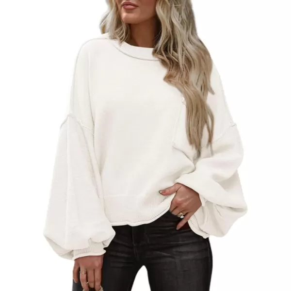 imageBTFBM Womens Oversized Lantern Long Sleeve Sweaters Casual Crewneck 2024 Fall Winter Outfits Ribbed Knit Pullover TopsBeige White