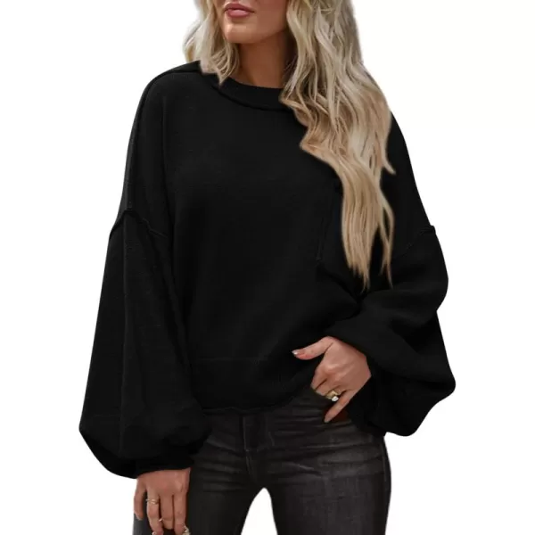 imageBTFBM Womens Oversized Lantern Long Sleeve Sweaters Casual Crewneck 2024 Fall Winter Outfits Ribbed Knit Pullover TopsBlack