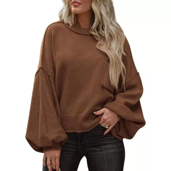imageBTFBM Womens Oversized Lantern Long Sleeve Sweaters Casual Crewneck 2024 Fall Winter Outfits Ribbed Knit Pullover TopsCamel