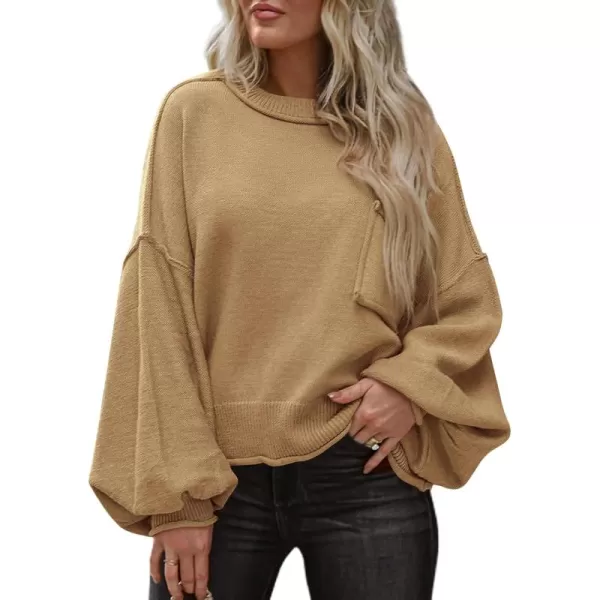 imageBTFBM Womens Oversized Lantern Long Sleeve Sweaters Casual Crewneck 2024 Fall Winter Outfits Ribbed Knit Pullover TopsKhaki