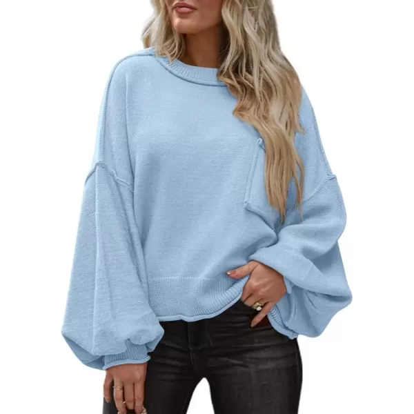 imageBTFBM Womens Oversized Lantern Long Sleeve Sweaters Casual Crewneck 2024 Fall Winter Outfits Ribbed Knit Pullover TopsLight Blue