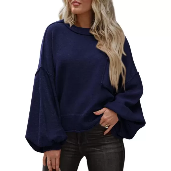 imageBTFBM Womens Oversized Lantern Long Sleeve Sweaters Casual Crewneck 2024 Fall Winter Outfits Ribbed Knit Pullover TopsNavy