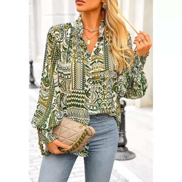 imageBTFBM Fall Fashion 2024 Button Down Long Sleeve Blouses for Women Dressy Casual V Neck Loose Printed Boho Tops ShirtsArmy Green