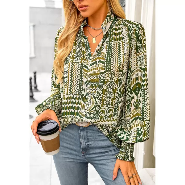 imageBTFBM Fall Fashion 2024 Button Down Long Sleeve Blouses for Women Dressy Casual V Neck Loose Printed Boho Tops ShirtsArmy Green