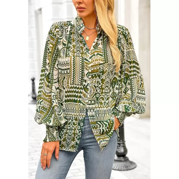 imageBTFBM Fall Fashion 2024 Button Down Long Sleeve Blouses for Women Dressy Casual V Neck Loose Printed Boho Tops ShirtsArmy Green