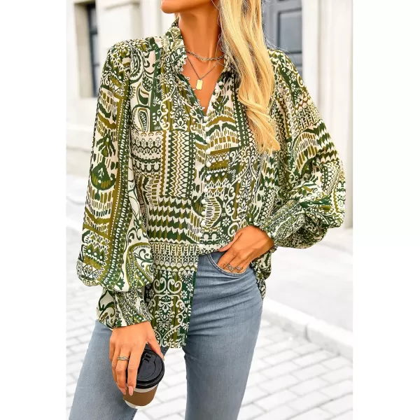 imageBTFBM Fall Fashion 2024 Button Down Long Sleeve Blouses for Women Dressy Casual V Neck Loose Printed Boho Tops ShirtsArmy Green