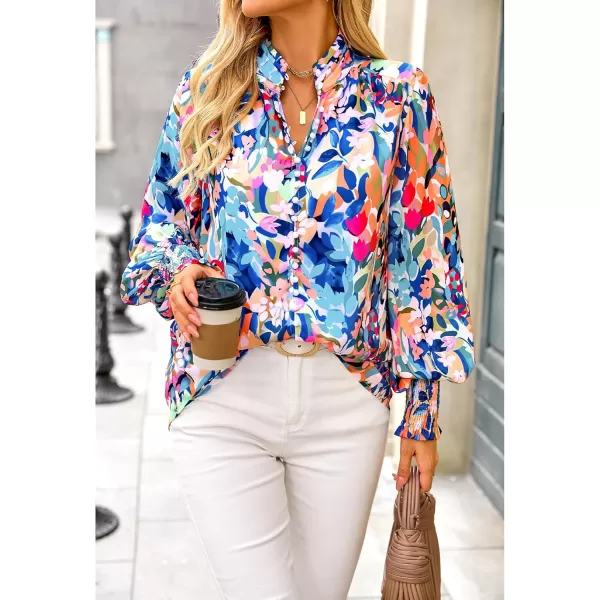 imageBTFBM Fall Fashion 2024 Button Down Long Sleeve Blouses for Women Dressy Casual V Neck Loose Printed Boho Tops ShirtsBlue