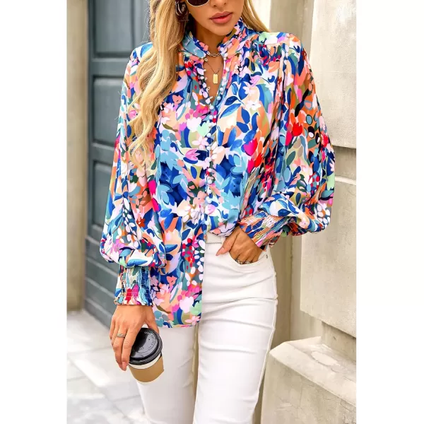 imageBTFBM Fall Fashion 2024 Button Down Long Sleeve Blouses for Women Dressy Casual V Neck Loose Printed Boho Tops ShirtsBlue