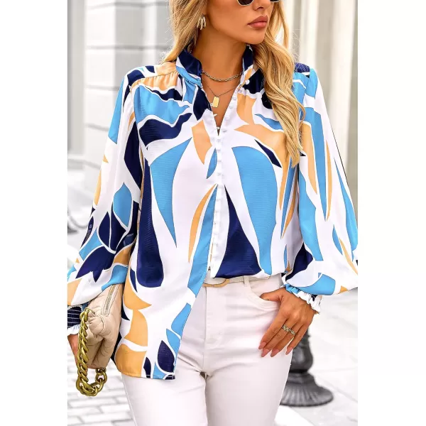 imageBTFBM Fall Fashion 2024 Button Down Long Sleeve Blouses for Women Dressy Casual V Neck Loose Printed Boho Tops ShirtsBlue White