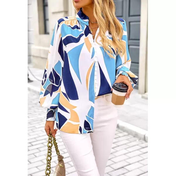 imageBTFBM Fall Fashion 2024 Button Down Long Sleeve Blouses for Women Dressy Casual V Neck Loose Printed Boho Tops ShirtsBlue White