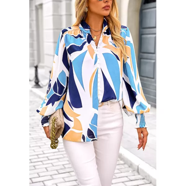 imageBTFBM Fall Fashion 2024 Button Down Long Sleeve Blouses for Women Dressy Casual V Neck Loose Printed Boho Tops ShirtsBlue White
