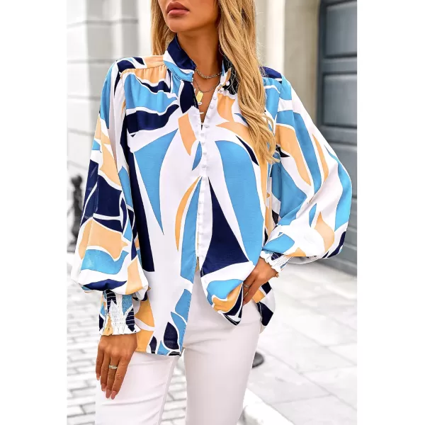 imageBTFBM Fall Fashion 2024 Button Down Long Sleeve Blouses for Women Dressy Casual V Neck Loose Printed Boho Tops ShirtsBlue White