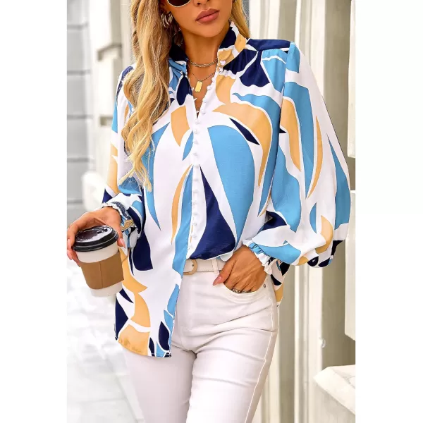 imageBTFBM Fall Fashion 2024 Button Down Long Sleeve Blouses for Women Dressy Casual V Neck Loose Printed Boho Tops ShirtsBlue White
