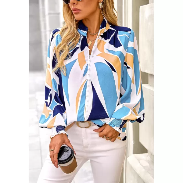 imageBTFBM Fall Fashion 2024 Button Down Long Sleeve Blouses for Women Dressy Casual V Neck Loose Printed Boho Tops ShirtsBlue White