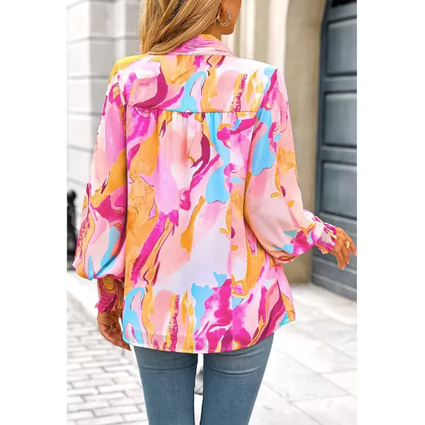 imageBTFBM Fall Fashion 2024 Button Down Long Sleeve Blouses for Women Dressy Casual V Neck Loose Printed Boho Tops ShirtsOrange Pink