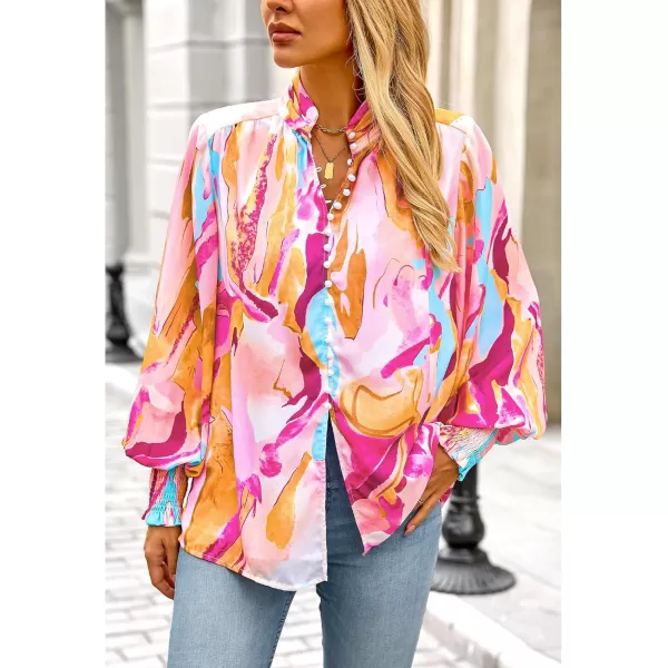 imageBTFBM Fall Fashion 2024 Button Down Long Sleeve Blouses for Women Dressy Casual V Neck Loose Printed Boho Tops ShirtsOrange Pink