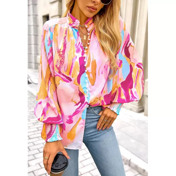 imageBTFBM Fall Fashion 2024 Button Down Long Sleeve Blouses for Women Dressy Casual V Neck Loose Printed Boho Tops ShirtsOrange Pink