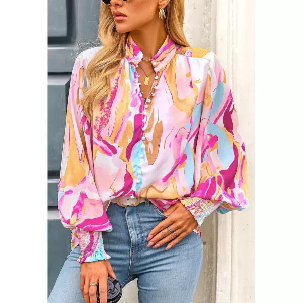 imageBTFBM Fall Fashion 2024 Button Down Long Sleeve Blouses for Women Dressy Casual V Neck Loose Printed Boho Tops ShirtsOrange Pink