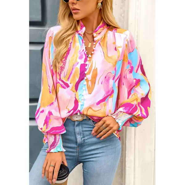 imageBTFBM Fall Fashion 2024 Button Down Long Sleeve Blouses for Women Dressy Casual V Neck Loose Printed Boho Tops ShirtsOrange Pink