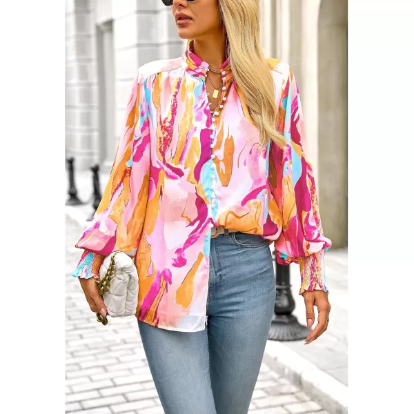 imageBTFBM Fall Fashion 2024 Button Down Long Sleeve Blouses for Women Dressy Casual V Neck Loose Printed Boho Tops ShirtsOrange Pink