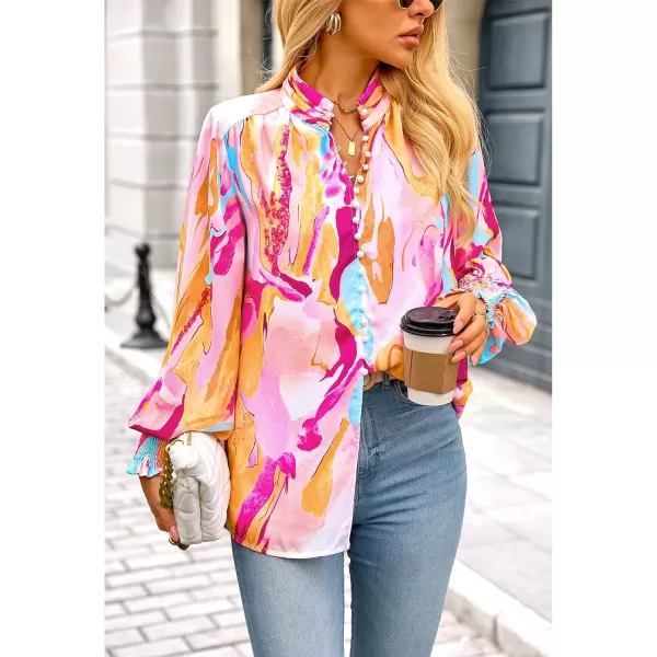 imageBTFBM Fall Fashion 2024 Button Down Long Sleeve Blouses for Women Dressy Casual V Neck Loose Printed Boho Tops ShirtsOrange Pink