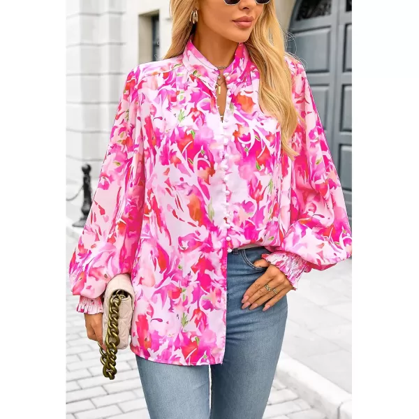 imageBTFBM Fall Fashion 2024 Button Down Long Sleeve Blouses for Women Dressy Casual V Neck Loose Printed Boho Tops ShirtsRose Pink