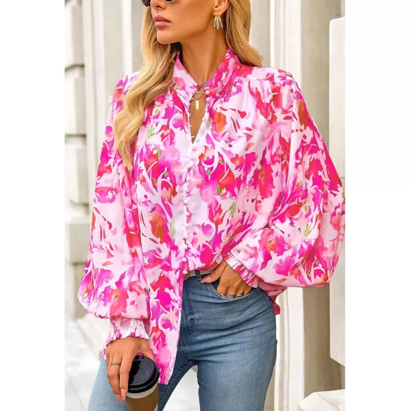 imageBTFBM Fall Fashion 2024 Button Down Long Sleeve Blouses for Women Dressy Casual V Neck Loose Printed Boho Tops ShirtsRose Pink
