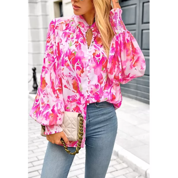 imageBTFBM Fall Fashion 2024 Button Down Long Sleeve Blouses for Women Dressy Casual V Neck Loose Printed Boho Tops ShirtsRose Pink