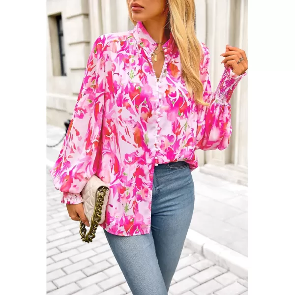 imageBTFBM Fall Fashion 2024 Button Down Long Sleeve Blouses for Women Dressy Casual V Neck Loose Printed Boho Tops ShirtsRose Pink