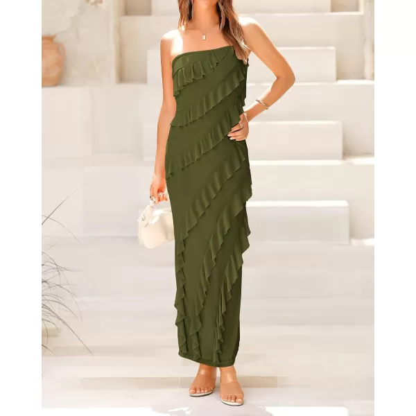 imageBTFBM Women Summer Elegant Strapless Midi Ruched Bodycon Dress Solid Color Stretch Mesh Slim Party Cocktail DressesSolid Army Green