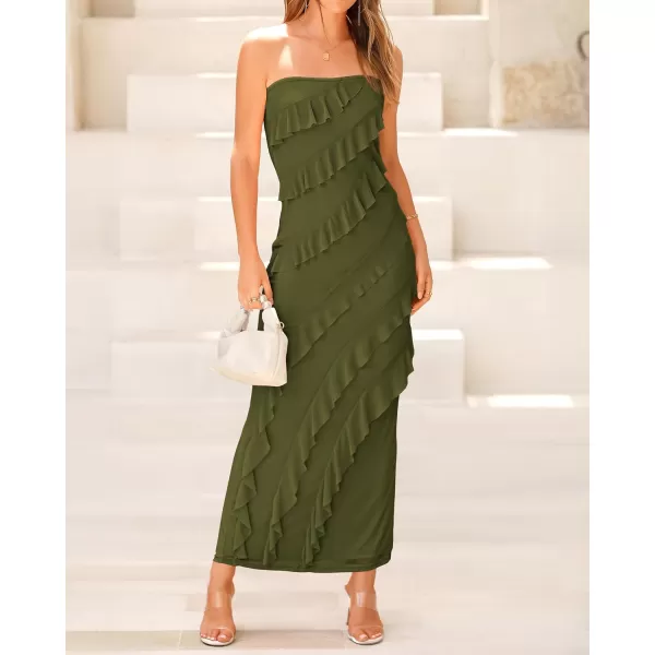 imageBTFBM Women Summer Elegant Strapless Midi Ruched Bodycon Dress Solid Color Stretch Mesh Slim Party Cocktail DressesSolid Army Green